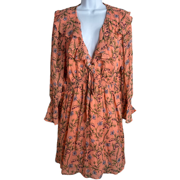Free People Dresses & Skirts - Free People Coral Floral V Neck open Back Ruched Waist Ruffle Sleeves Size Large